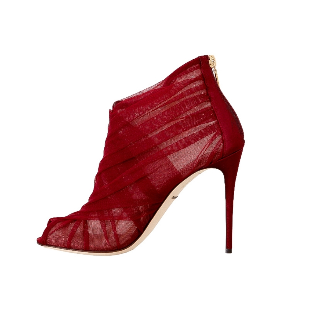 DOLCE & GABANNA 💎 Red Tulle Open-Toe High-Heels Designer Booties Shoes EU 38.5 - Picture 3 of 6